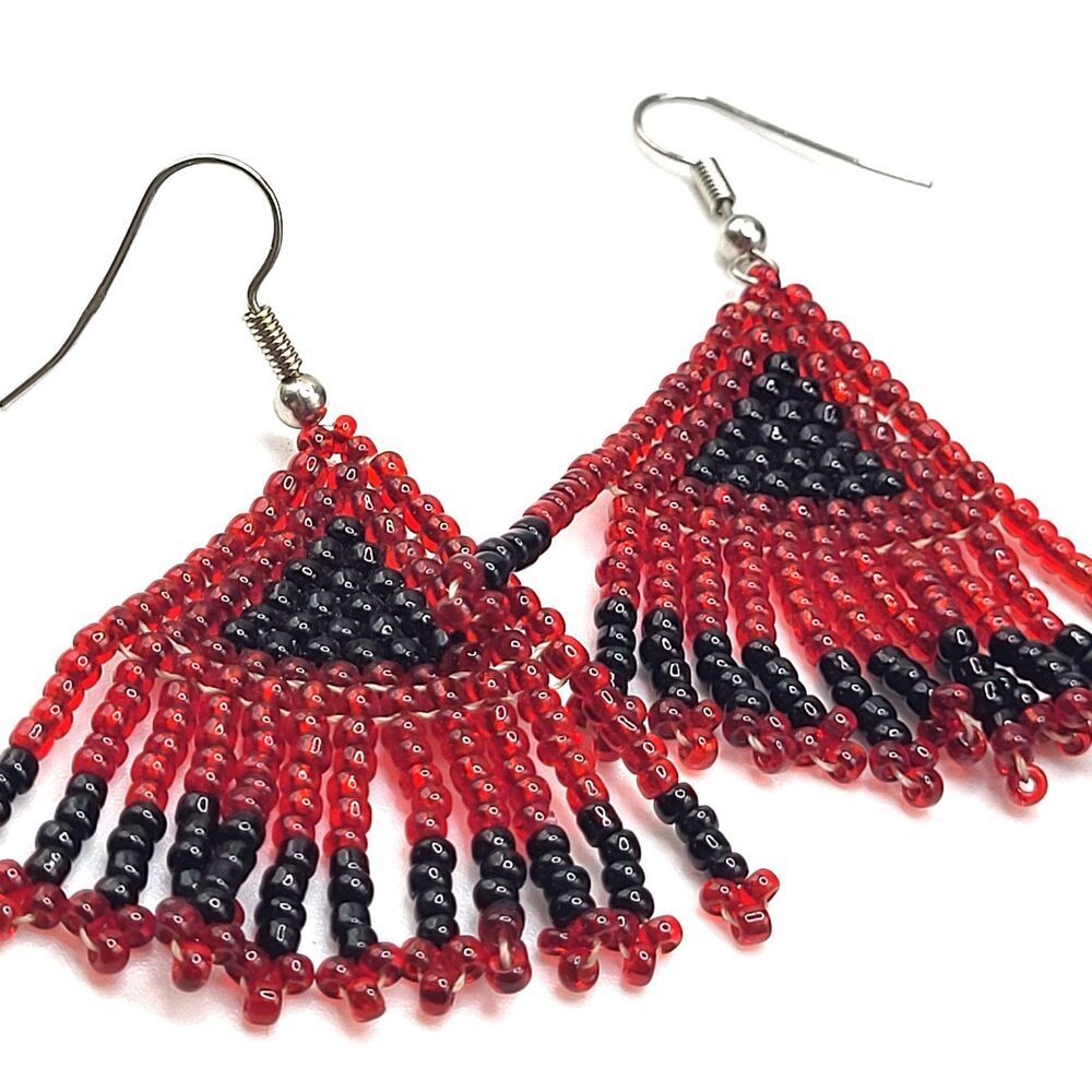 Woven Beaded Earrings Fringe Triangle 2.25in